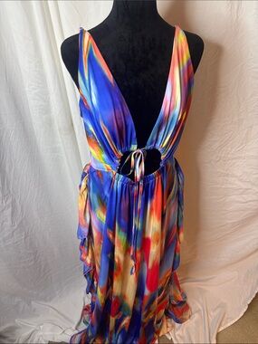 Vibrant Multicolor Cutout Maxi Dress — Deep V, Tie Waist